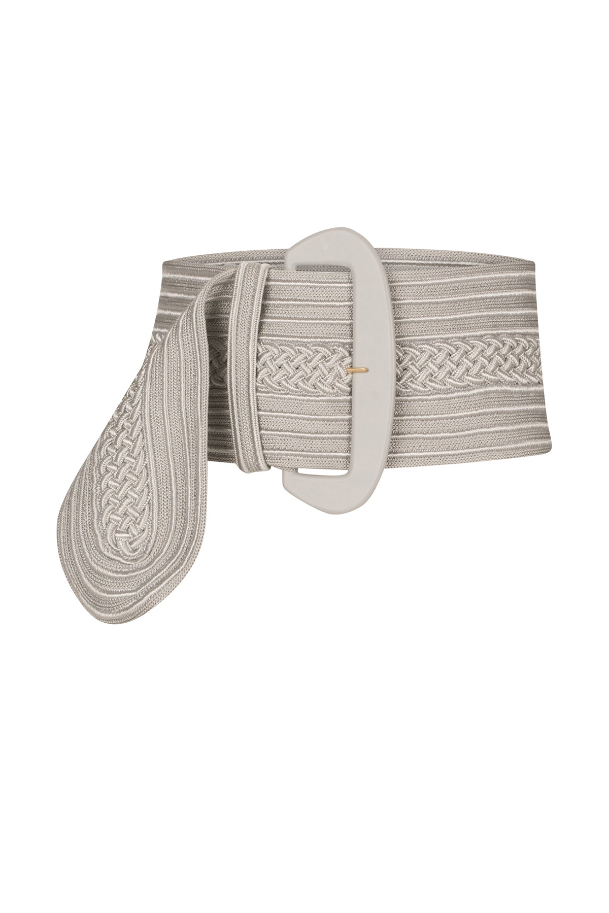 A Chenoa Belt Gray with a white buckle made of fabric.
