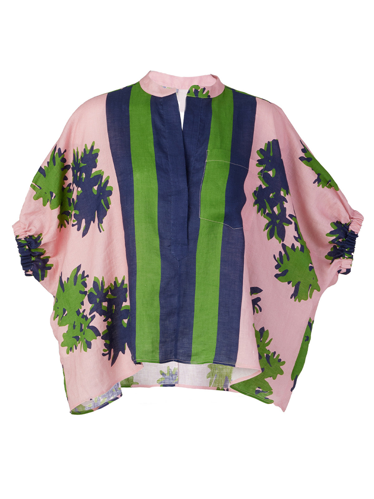 A Susanne blouse Navy Pink Blossom with green and blue stripes, perfect for a casual day out.