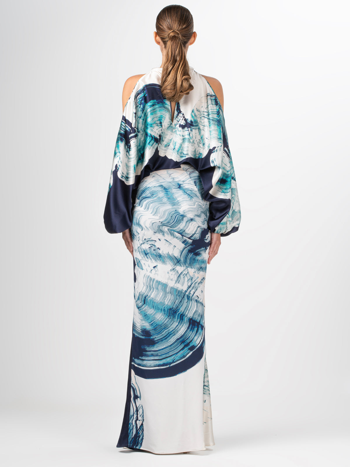 An Claudia Skirt Navy Abstract Wave in blue and white.