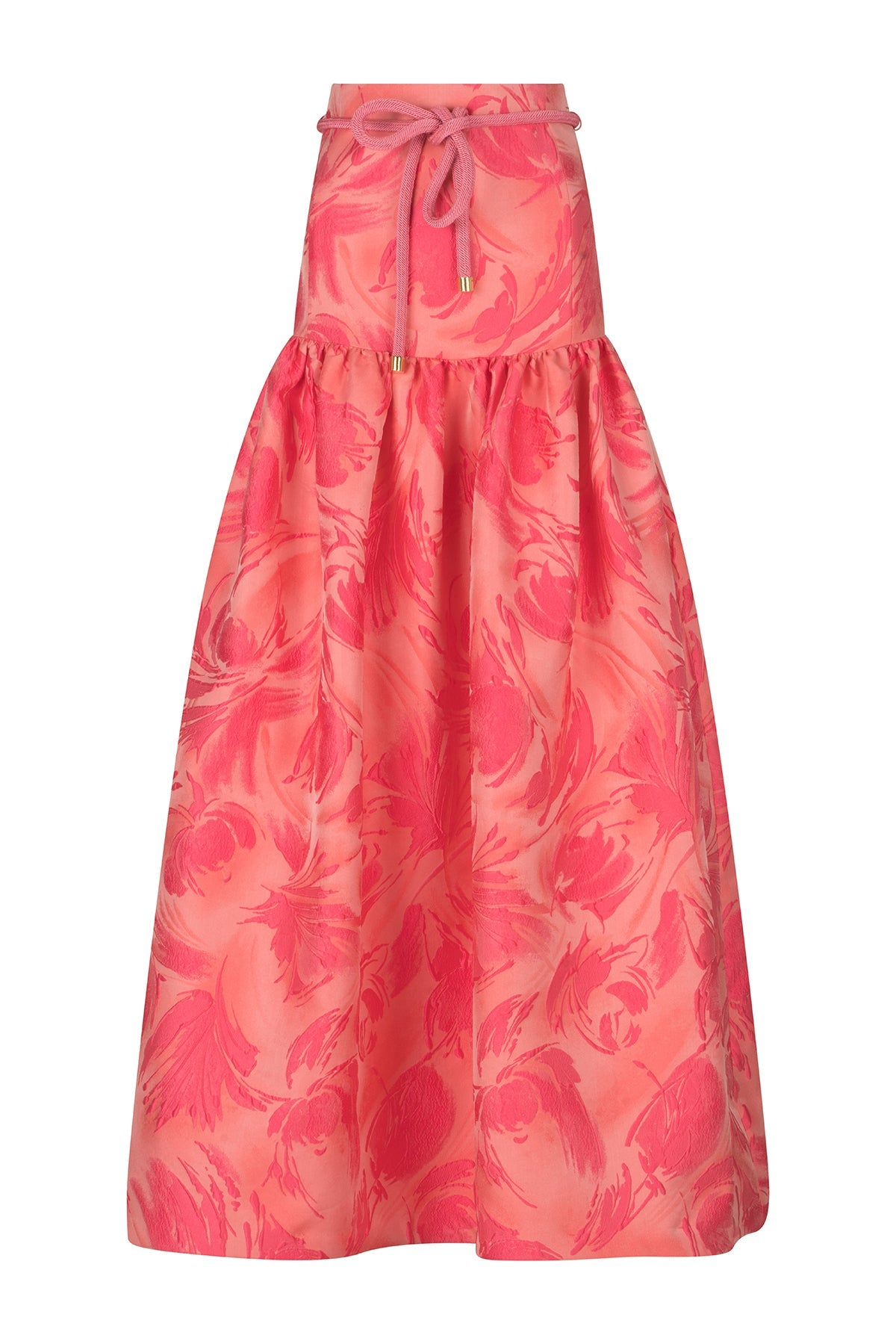 A Teodora Skirt Fuchsia Pink with a bow at the waist in textured jacquard fabric.