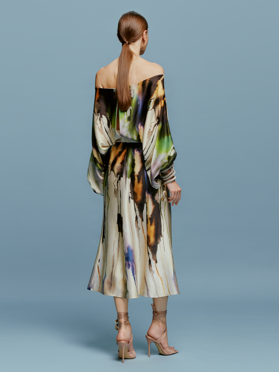 multi color midi dress Women's From Far & Away Blue Multi Vintage Stamp Print Midi Dress | Size: L