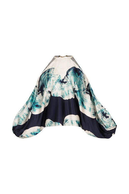 A Janina Blouse Navy Abstract Wave scarf with an abstract print.