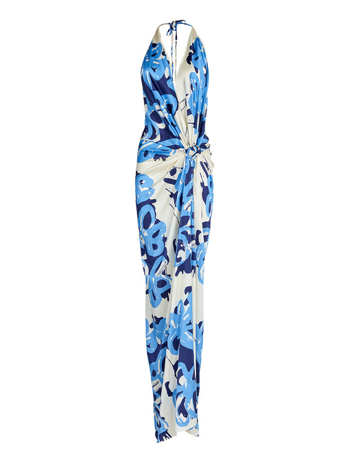 A Jazmin Dress White Celeste Bloom cocktail dress with a halter neckline, perfect for the Resort 2024 season.