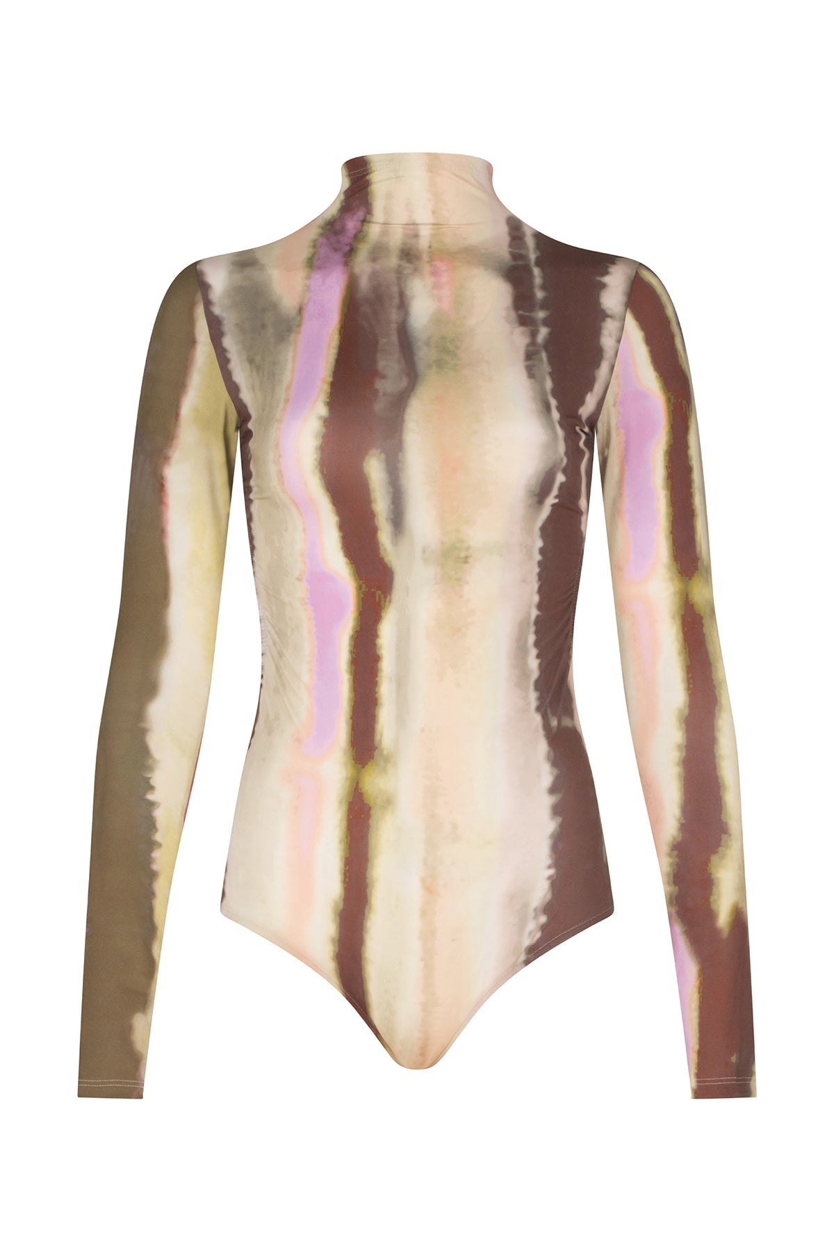 A women's Olante Bodysuit Artichoke Pink Abstract Stripes in lycra fabric.