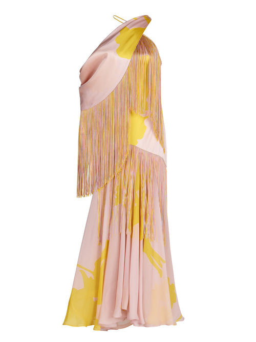 Parma Dress Yellow Nude Floral with fringes and an open back.