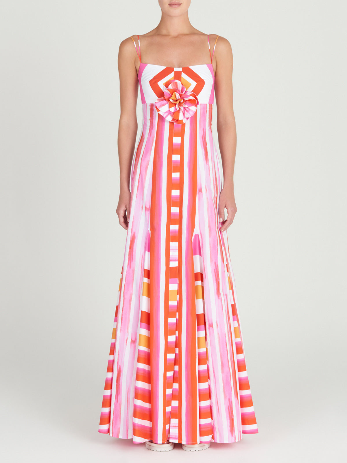 A lightweight Catania Dress Rouge Orange Stripes in pink and orange stripes on a white background.