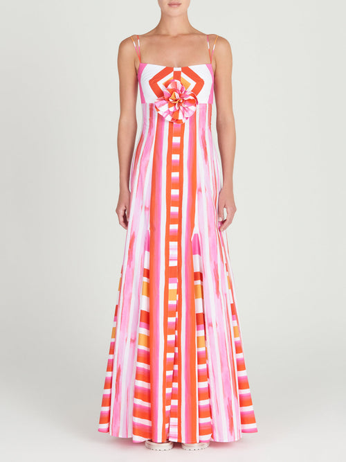 A lightweight Catania Dress Rouge Orange Stripes in pink and orange stripes on a white background.