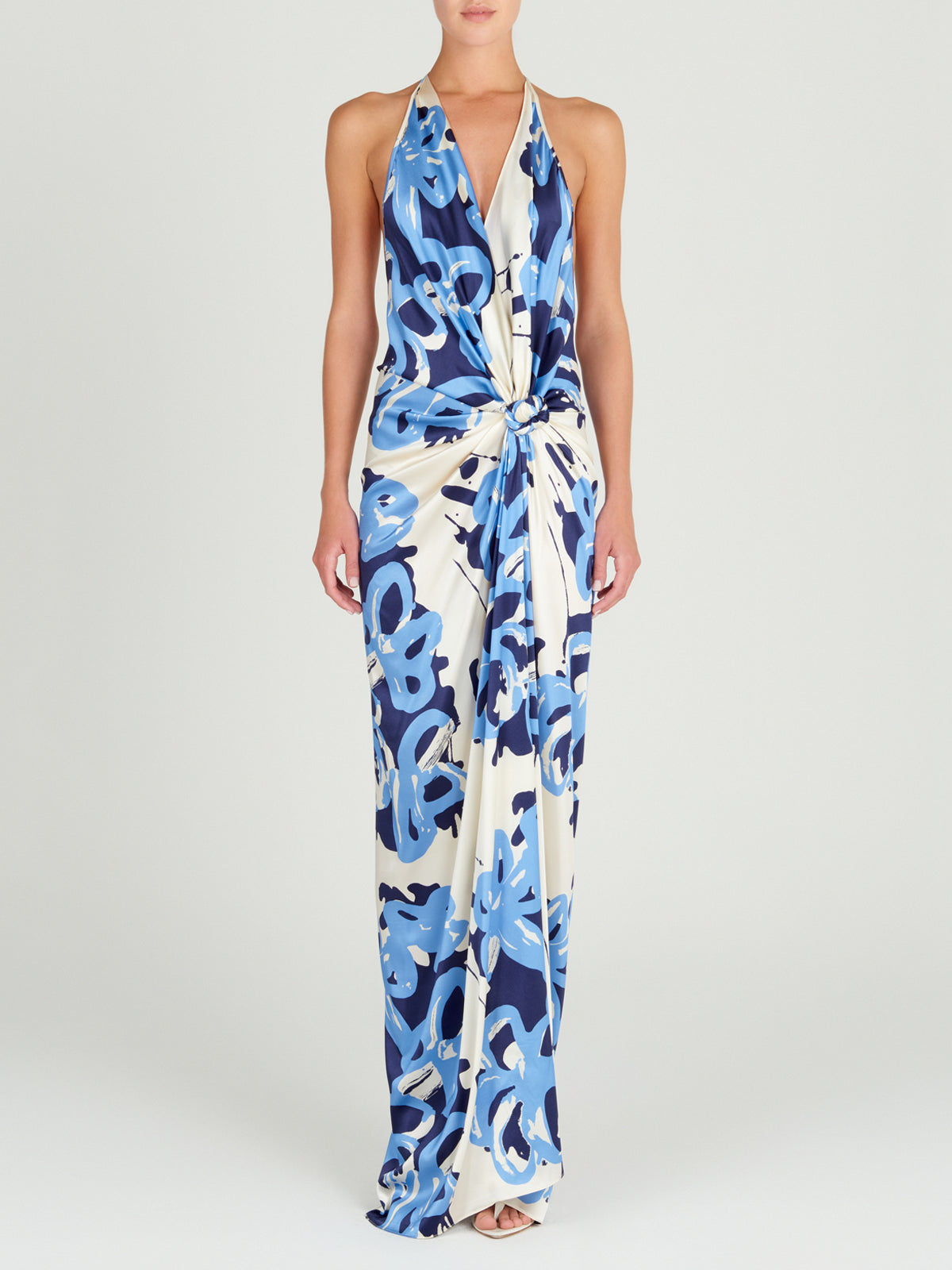 A Jazmin Dress White Celeste Bloom cocktail dress with a halter neckline, perfect for the Resort 2024 season.