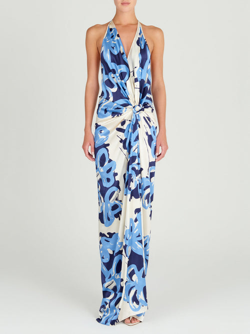 A Jazmin Dress White Celeste Bloom cocktail dress with a halter neckline, perfect for the Resort 2024 season.