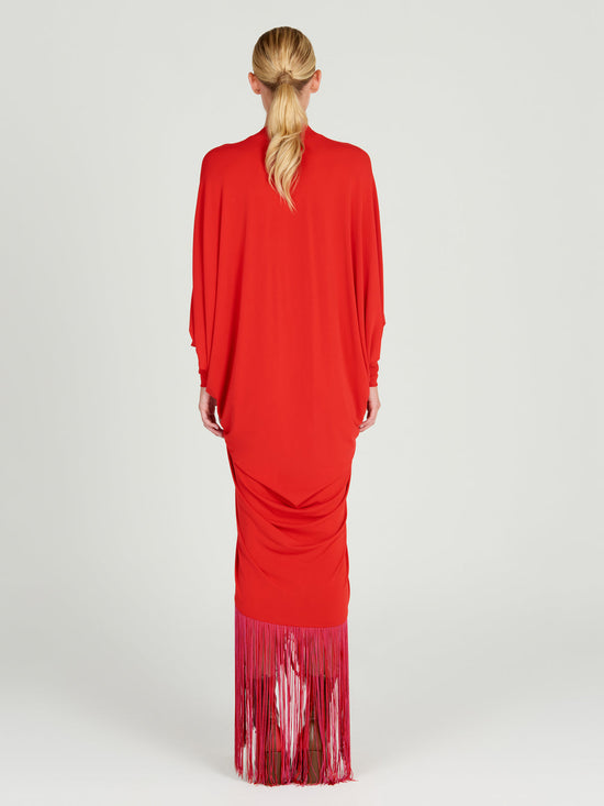 A red Rosalyn Dress Rouge with long sleeves made of jersey fabric.