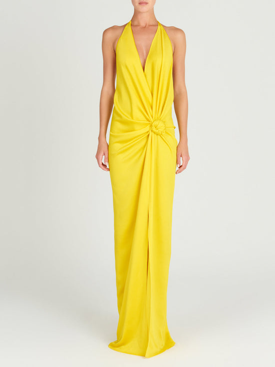 This Torgiano Dress Yellow features a halter neckline.