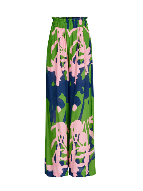 The Ovada Pant Verdi Pink features a floral pattern and wide legs.