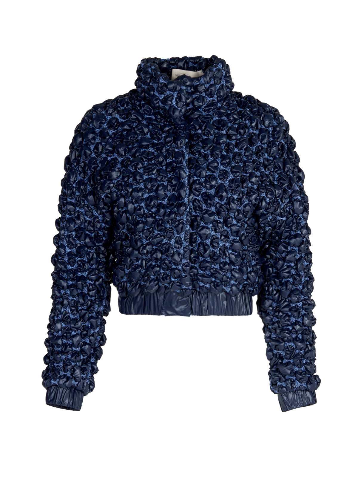 A women's Zalta Jacket Navy with fur on the sleeves.