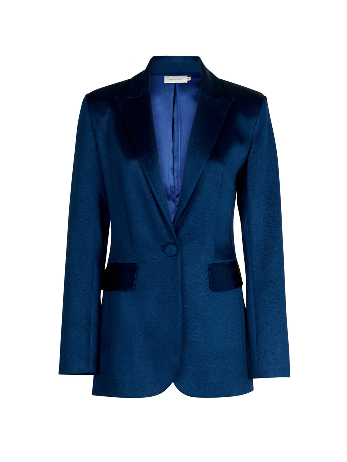 A women's Rebeca jacket Navy with a guipure applique collar.