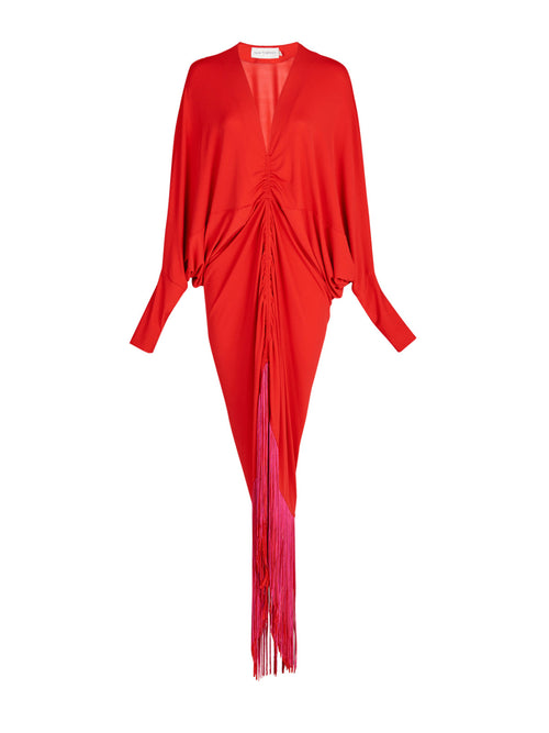 A red Rosalyn Dress Rouge with long sleeves made of jersey fabric.