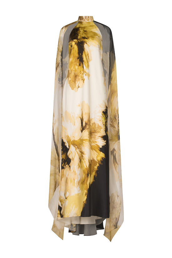 A Sabina Dress Golden Peony with sequins detailing on an abstract print.