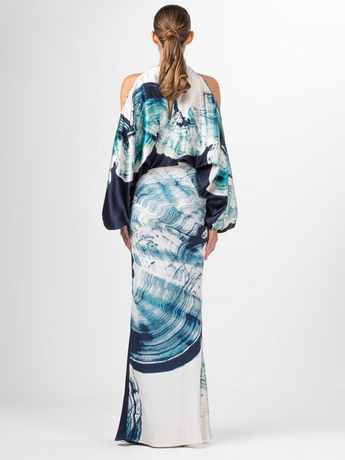 An Claudia Skirt Navy Abstract Wave in blue and white.