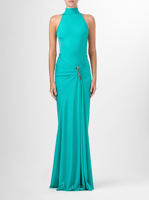 A teal Claudia Skirt Aqua with an asymmetric waistline.