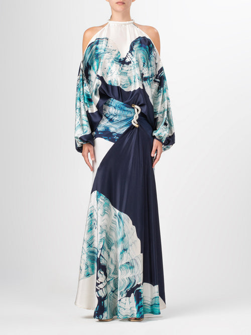 A Janina Blouse Navy Abstract Wave scarf with an abstract print.