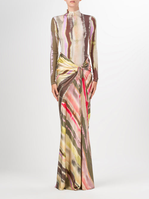 A women's Olante Bodysuit Artichoke Pink Abstract Stripes in lycra fabric.