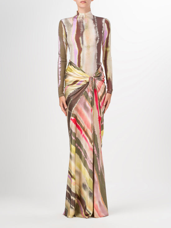A women's Olante Bodysuit Artichoke Pink Abstract Stripes in lycra fabric.