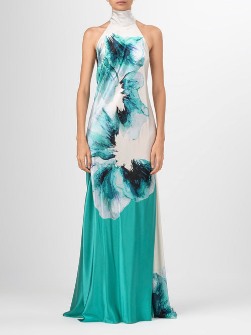 A Sherry Dress Aqua Abstract Wave with a floral print.