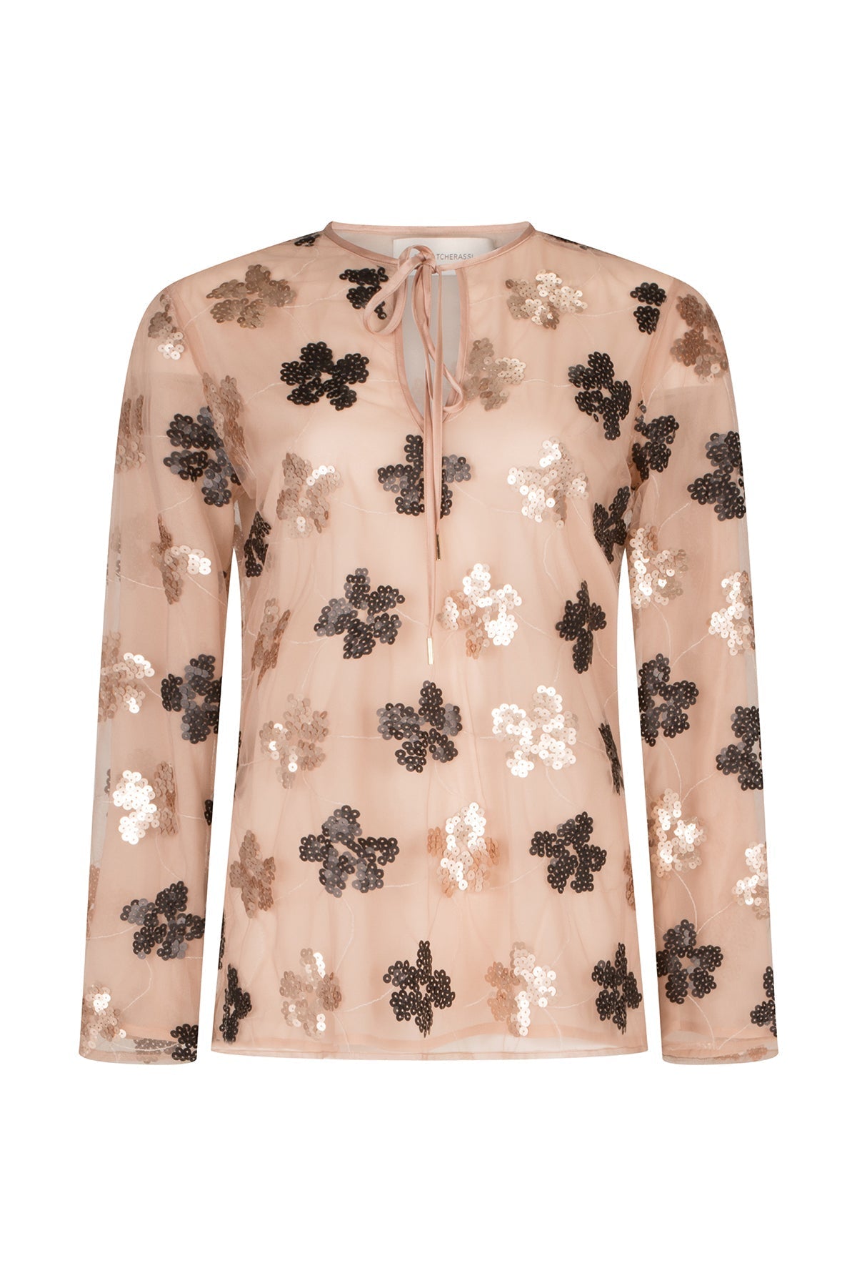 A Tosca Blouse Cacao Floral Sequin with black lace and gold sequins on it.